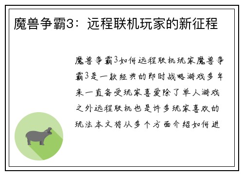魔兽争霸3：远程联机玩家的新征程